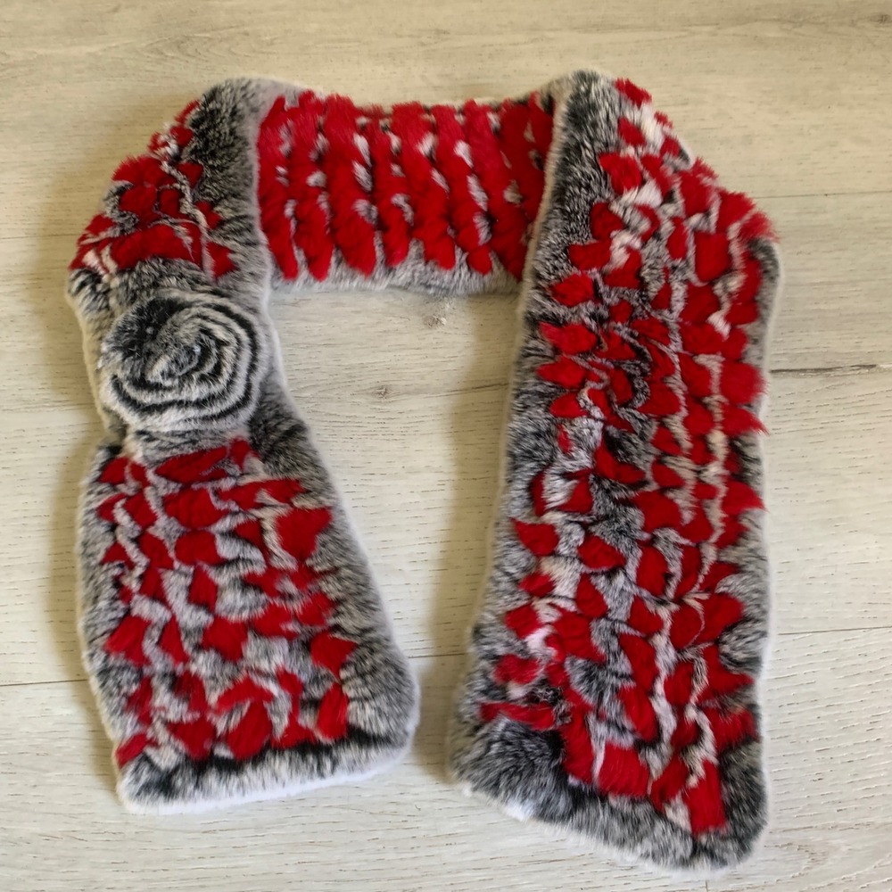 Red Grey Rex Rabbit Fur Knitted Scarf Rosette Pull Through Winter Wrap